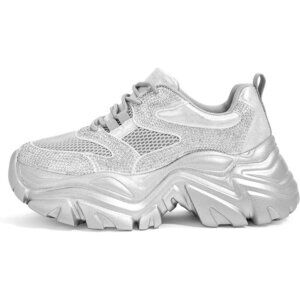 Women's Chunky Sneakers Platform Leather Casual Shoes Wedge Silver Rhinestones